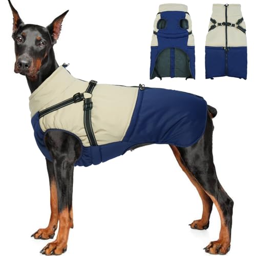 IDOMIK Hunde-Wintermantel, wasserdichte Hunde-Winterjacke, mit Geschirr, Schnee-Jacke mit Reißverschluss, warme Hunde-Winterkleidung, hoher Kragen, Hunde-Schneeanzug, Marineblau, Größe 3XL von IDOMIK