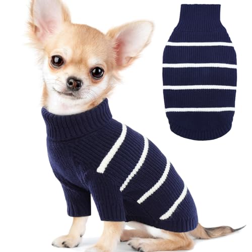 IDOMIK Hundepullover, dick gestrickter Pullover für kleine Hunde, klassisch gestreifter Rollkragenpullover für kleine, mittelgroße Hunde und Katzen, warme Winterkleidung für kalte Jahreszeit, von IDOMIK