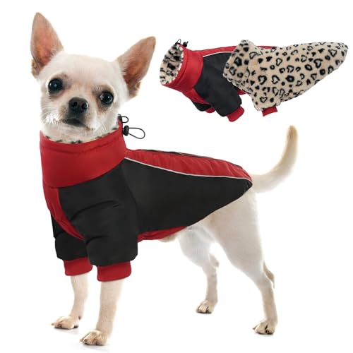 IDOMIK Warmer Hunde-Wintermantel, wendbarer Hundemantel mit Leoparden-Fleecefutter, dick, wasserdicht, hoher Kragen, Hunde-Winterjacke, reflektierender Hundemantel, Schneeanzug für kleine, mittelgroße von IDOMIK