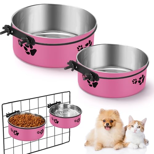 IEBIYO Futternäpfe aus Edelstahl, für mittelgroße und kleine Hunde, mit Klemmhalter, 2 Größen (16,3 x 6,5 cm, 14 x 6,3 cm), Hot Pink, 2 Stück von IEBIYO