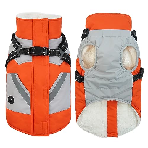 IECOii Dicker Fleece-gefütterter Hundemantel mit integriertem Geschirr, mit Reißverschluss, Winterjacke, Hunde-Schneeanzug, wasserdicht, winddicht, warm, 2-in-1, Welpen, kaltes Wetter, Kleidung für von IECOii