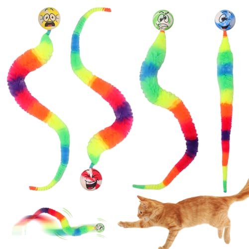 IETWATE Katzenspielzeug mit Regenbogenwürmern für Indoor-Katzen und Erwachsene, flauschige Würmer, Schwanz, Kätzchen, interaktives Smiley-Katzen-Federspielzeug, Hüpfbälle, Katzenbälle für drinnen und von IETWATE