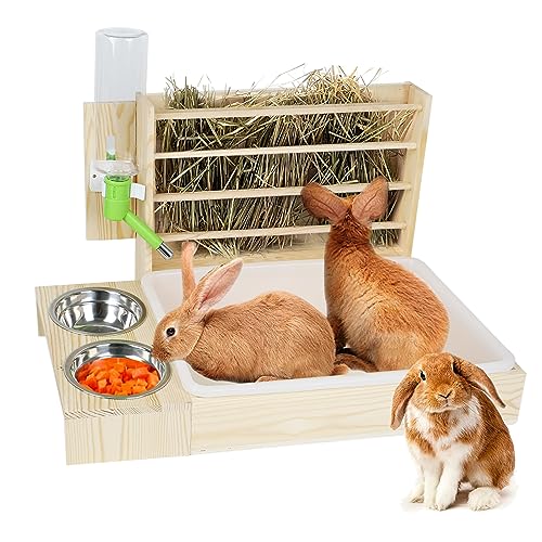 Heuraufe Kaninchen,Heuspender aus Holz mit Sitzbrett Tablett und Trinken,Rabbit Hay Feeder,Weniger Verschwendete Krippe,Futterspender Manger für Kaninchen Meerschweinchen Chinchilla Hamster Kleintiere von IGTOPS