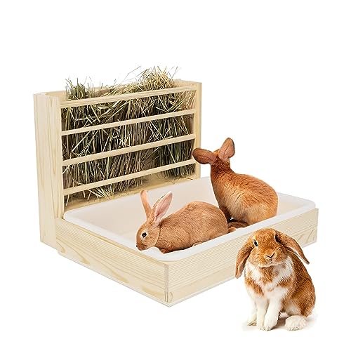 Heuraufe Kaninchen,Heuspender aus Holz mit Sitzbrett Tablett und Trinken,Rabbit Hay Feeder,Weniger Verschwendete Krippe,Futterspender Manger für Kaninchen Meerschweinchen Chinchilla Hamster Kleintiere von IGTOPS