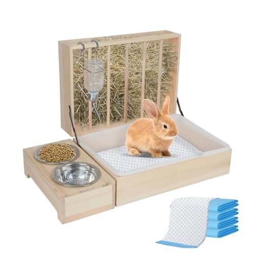 Kaninchen-Heu-Futterspender, Hasen-Heuraufe mit Kunststoff-Katzentoilette,Toilette,Schüsseln und Wasserflasche,Heuraufe Kaninchen Holz für Meerschweinchen, Hamster, Kleintiere (4 in 1) von IGTOPS