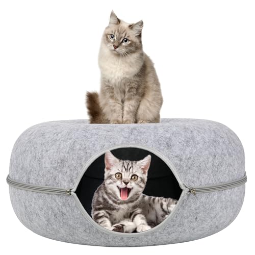 Katzenbett Katzennest Höhlen&häuser, Donut Katzenbett, 60cm Abnehmbares Tunnelspielzeug Katzennest Filz Rundes Katzentunnel Filz (Light Grey) von IGTOPS