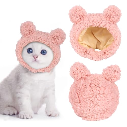 Katzen Hut Lustig, Winter Cat Hat Plüsch Katzen Mütze Verstellbar Hundemütze Cute Hunde Hut für Kleine Katzen Hunde, Katzenbekleidung Accessories (Rosa) von IHLOOTD