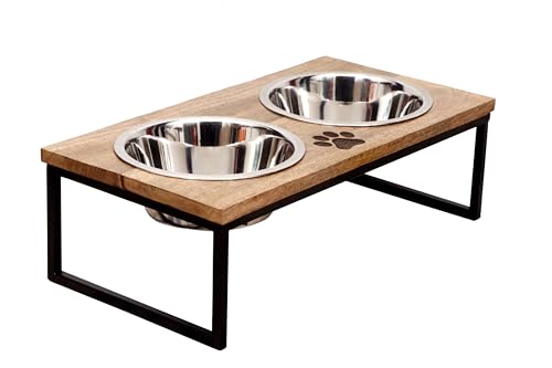 IK Decors Futterstation für Haustiere, Mangoholz, natürliches Finish, mit Schaufel und Metallständer, 2 Edelstahlnäpfe für Futter oder Wasser, perfekt für Hunde, Katzen und Haustiere für Zuhause oder von IK Decors - Decorate As You Please