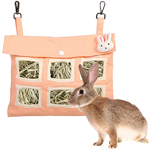 Futterbeutel für Kaninchen, Heu, große Größe, hängender Futtersack für Käfig mit dickem Tuch, Baumwollleinen, Heuaufbewahrung mit 6 Löchern für Kaninchen, Hamster, kleine Haustiere (Orange Pink) von IKIPUKO