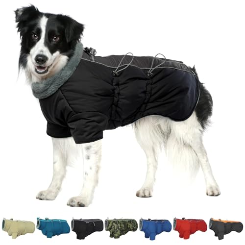 IKIPUKO Hundejacke, Hundemäntel für große Hunde, Winter, wasserdicht, Fleecefutter, reflektierende warme Hundekleidung, Hundemantel mit Reißverschluss mit Geschirr, hoher Kragen, Hunde-Schneeanzug, von IKIPUKO