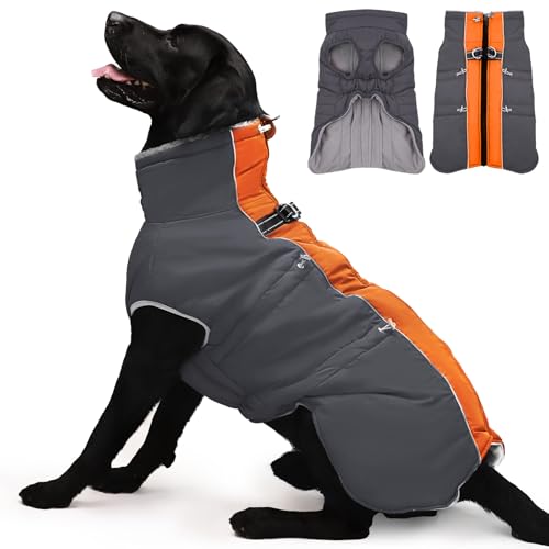 IKIPUKO Hundemantel, Winterjacke, Größe XXL, warmer Schneeanzug mit Reißverschluss, reflektierend, wasserabweisend, für große Hunde, Border Collie, Pit Bull, Orange-Grau von IKIPUKO