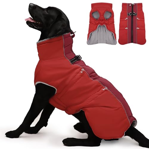 IKIPUKO Hundemantel, Winterjacke, Größe XXL, warmer Schneeanzug mit Reißverschluss, reflektierend, wasserabweisend, für große Hunde, Border Collie, Pit Bull, Rot von IKIPUKO