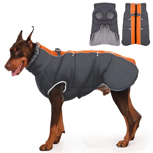 IKIPUKO Hundemantel, Winterjacke, warm, mit Reißverschluss, reflektierend, wasserabweisend, für große Hunde, Labrador, Huskyn, Orange-Grau, Größe 3XL von IKIPUKO