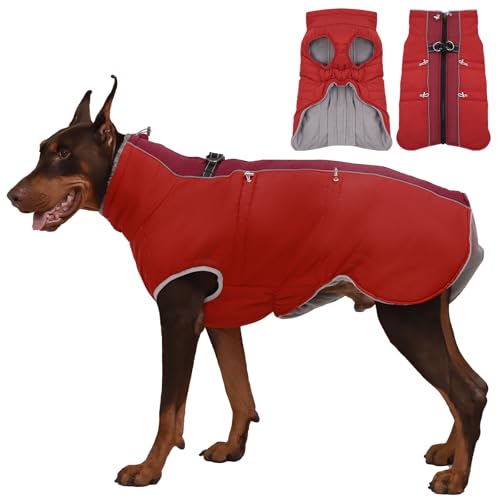 IKIPUKO Hundemantel, Winterjacke, warm, mit Reißverschluss, reflektierend, wasserabweisend, für große Hunde, Labrador, Huskyn, Rot von IKIPUKO