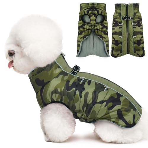 IKIPUKO Hundemantel, Winterjacke, warm, mit Reißverschluss, reflektierend, wasserabweisend, für mittelgroße Hunde, Jack Russell, Mini-Schnauzer, Camouflage von IKIPUKO