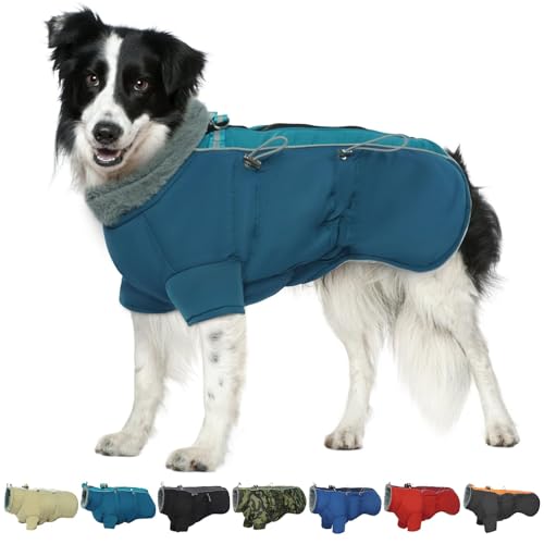 Winter-Hundemantel, Fleece-Kragen, warme Hundekleidung, verstellbare Haustier-Schneejacke mit Kordelzug, wasserdichter Schneeanzug für kleine, mittelgroße und große Hunde (Grün) von IKIPUKO