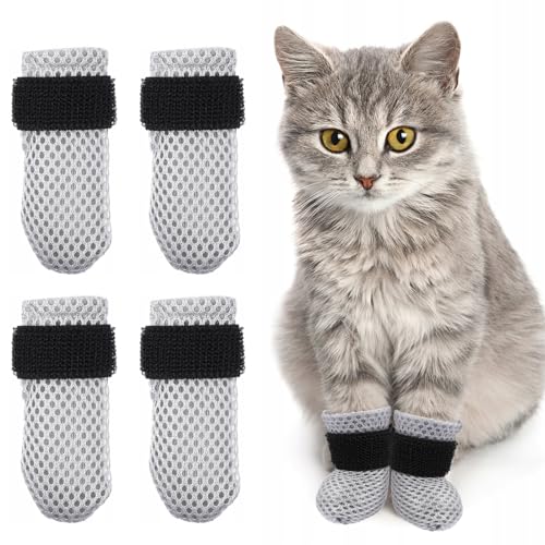 4 Stück verstellbare Katzenschuhe aus Netzstoff, Atmungsaktiv Katzenpfotenschutz, Katzenstiefel zum Baden von Haustieren, Schneiden von Nägeln, Überprüfen von IKOPFLN