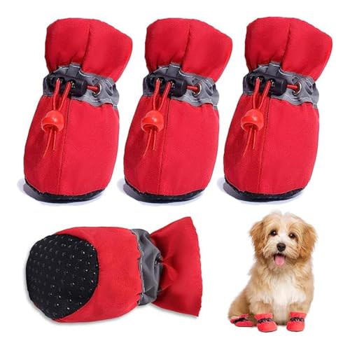 IKOPFLN Hundeschuhe, 4er-Set wasserdichte Schneeschuhe pfotenschutz mit Anti-Rutsch Sohle, pfotenschutz Hundeschnee Stiefel für Kleine Mittlere Hunde(Rot) von IKOPFLN