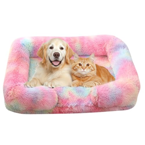 ILESTDG Pelzbarn Orthopädisches Hundebett, Orthopädische Flauschige Hundematte, Langer Plüsch, Sanft & Waschbar, Vielseitig Nutzbar (Regenbogen,L 80X55X15CM) von ILESTDG