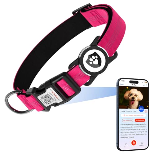 ilFindYou Reflektierendes Hundehalsband mit AirTag-Halterung für mittelgroße Hunde, weiches Nylon, Rosenrot, Größe M von ILFINDYOU