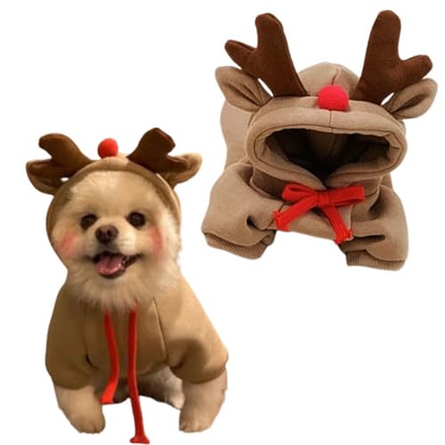 Hund Weihnachten Outfit Haustier Lustig Hoodie Ugly Christmas Sweater, Weihnachtsbaum Weihnachtsmann Haustier Outfit Winter Hoodie Kleidung Party Dressing Up für kleine Hunde Katzen (Small, Xmas Deer von IMDOUBLEDOU