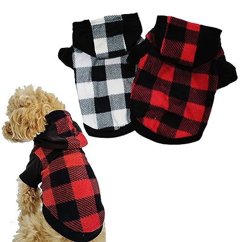 Plaid Dog Hoodie Pet Fleece Sweater Wintermantel mit Hut für kleine Hunde Katzen Classic Plaid Haustierkleidung Welpenpullover, ideale Geschenke für Urlaub Weihnachten (Medium, 2 Stück Schwarz und Rot von IMDOUBLEDOU