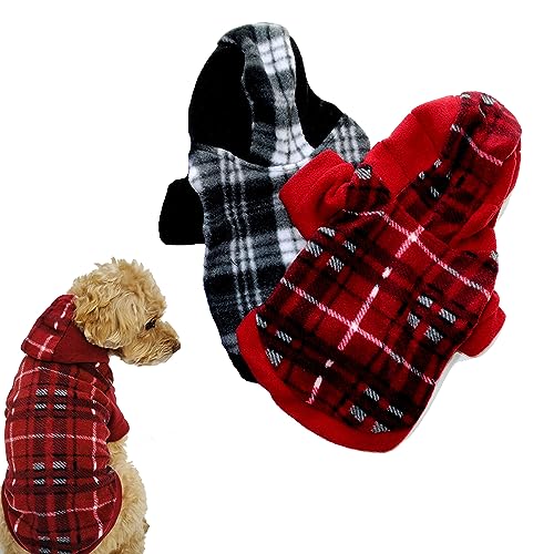 Plaid Dog Hoodie Pet Fleece Sweater Wintermantel mit Hut für kleine Hunde Katzen Classic Plaid Haustierkleidung Welpenpullover, ideale Geschenke für Urlaub Weihnachten (Medium, 2 Stück Schwarz und Rot von IMDOUBLEDOU