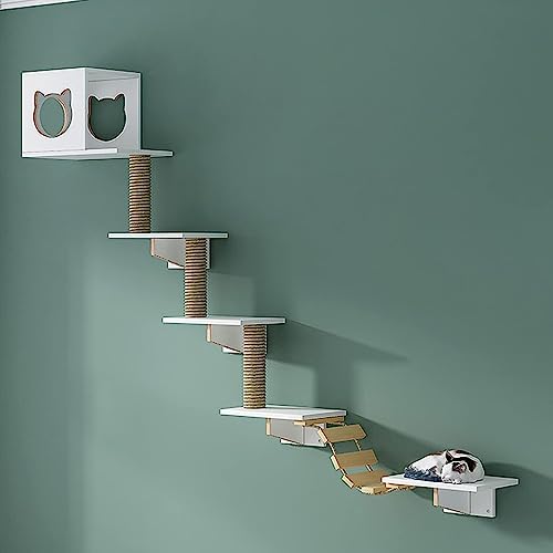 IMIDIA Katzen Kletterwand, Kratzbaum Wand, Wandmontiertes Natürliches, weißes Katzenklettergerüst aus massivem Holz, praktisch und platzsparend von IMIDIA