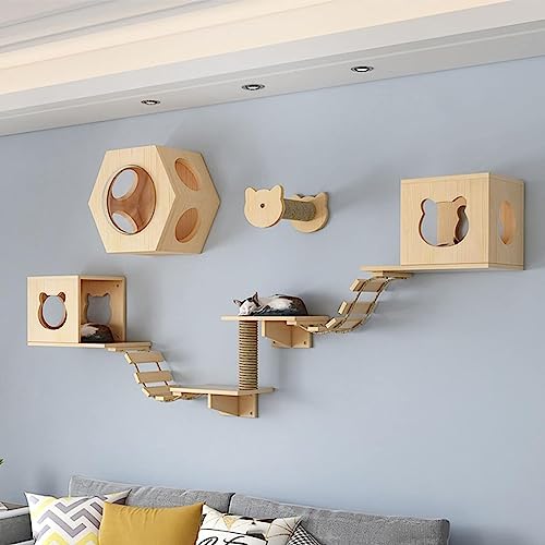 Katzen Kletterwand, Kratzbaum Wand, wandmontiertes Katzenklettergerüst aus natürlichem Massivholz, praktisch und platzsparend (Size : Combo6) von IMIDIA