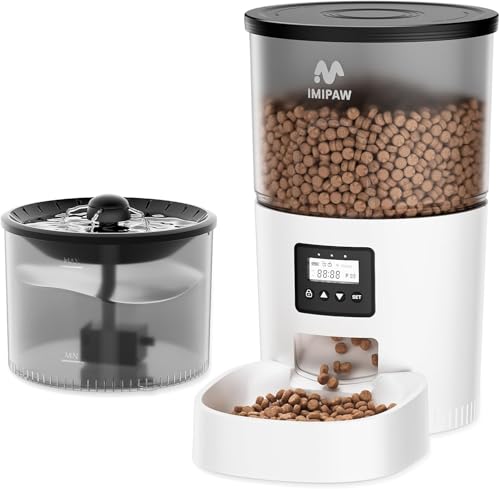 IMIPAW Futterautomat Katze und Katzenbrunnen, Zeitgesteuerter Trockenfutterspender für Haustiere, Programmierbare Portionskontrolle, 1-6 Mahlzeiten pro Tag, Katzenbrunnen zum Trinken mit Filter von IMIPAW