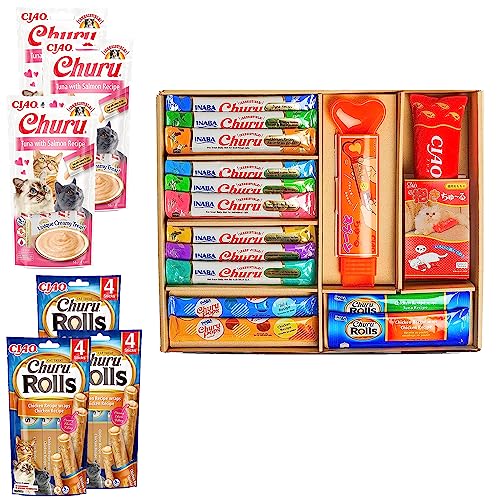 1 Ciao Churu Probierset mit 13 köstlichen Leckereien (9X Churu, 2X Churu Pops, 2X Churu Rolls) und 2 Geschenken + 3 Churu Rolls Huhn + 3 Churu Bites Thunfisch und Lachs von INABA