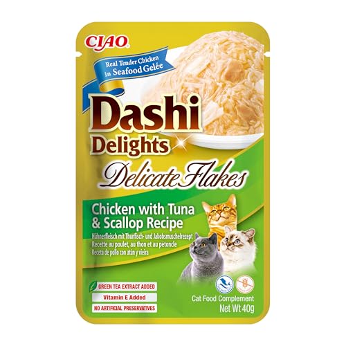 INABA Dashi Delights Delicate Flakes Katzenfutter nass, Huhn mit Thunfisch und Jakobsmuschel 40 g (1er Pack), Premium Katzen Leckerlies in Sauce von INABA