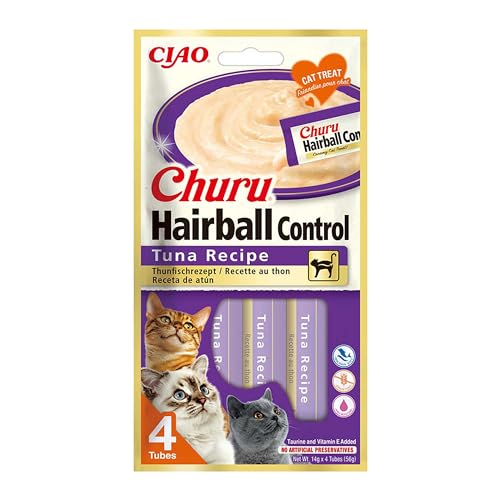 Churu Hairball Kontrolle - Katzensnacks zur Vorbeugung von Haarballen, Fördert eine gesunde Verdauung, Thunfisch (4 Stück x 14g) von INABA