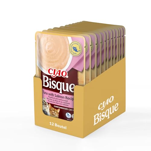 Ciao Bisque - Cremige Suppe für Katzen, Thunfisch & Lachs 12x40g, Katzenfutter nass ohne Getreide von INABA