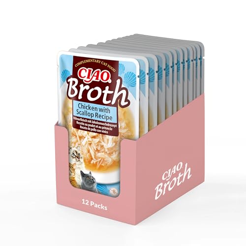 Ciao Broth - Suppe mit Shredded Hähnchen für Katzen, Huhn & Jakobsmuscheln, 12x40g, Katzenfutter nass ohne Getreide von INABA