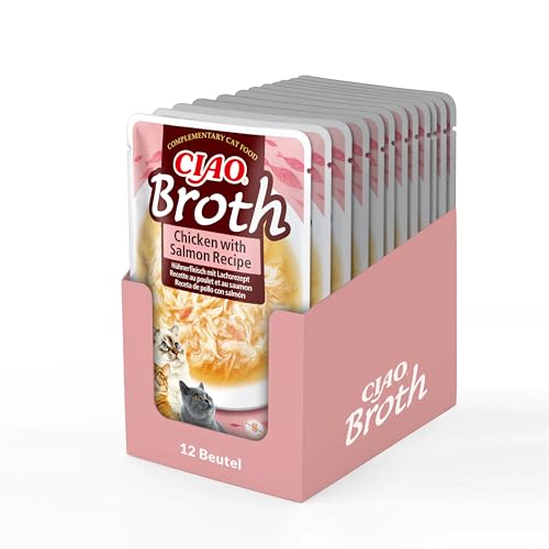 INABA Ciao Broth Katzensnacks 88% Feuchtigkeit und Vitamin E, Suppe Premium Katzenleckerlis mit Huhn & Lachs 40 g (12er Pack), Leckere Ergänzung für Nass- und Trockenfutter von INABA