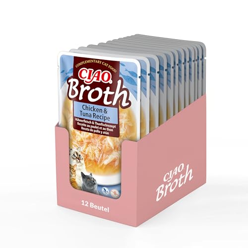 INABA Ciao Broth Katzenfutter nass 88% Feuchtigkeit und Vitamin E, Suppe Premium Katzenleckerlis mit Huhn & Thunfisch 40 g (12er Pack) von INABA