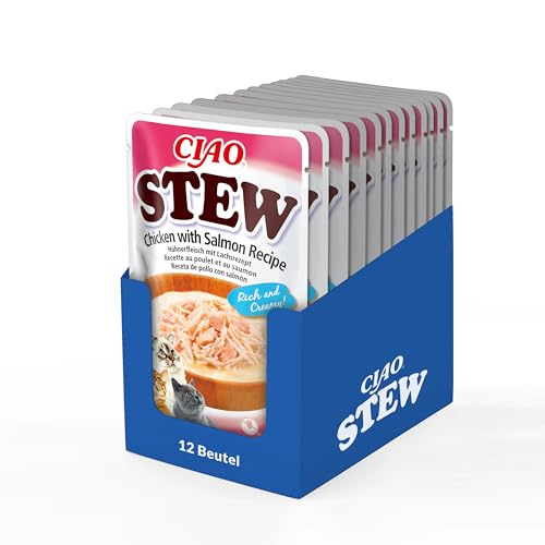 INABA Ciao Stew Katzensnacks 86% Feuchtigkeit und Vitamin E, Cremige Premium Katzenleckerlis mit Huhn & Lachs 40 g (12er Pack), Leckere Ergänzung für Nass- und Trockenfutter von INABA