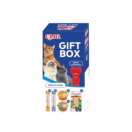 INABA CIAO Giftbox Reich an Protein Katzenfutter (2X Dashi Delights - 10x Churu Katzen Leckerlies - 1x Hühnerfilet - 1x Geschenklöffel) von INABA