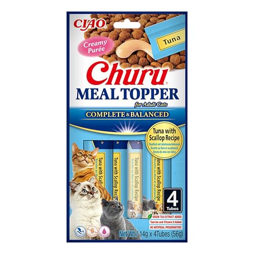 INABA Churu Meal Topper Katzenleckerlis Als Zusatz zum Trockenfutter Thunfisch mit Jakobsmuschel 4 x 14 g mit Taurin, Grüntee-extrakt, Vitamine von INABA