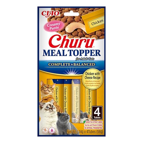 INABA Churu Meal Topper Katzenleckerlis Als Zusatz zum Trockenfutter Hühnchen mit Käse 4 x 14 g mit Taurin, Grüntee-extrakt, Vitamine von INABA