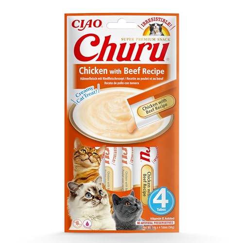 INABA Churu Püree Katzensnacks - Katzenpaste zum Füttern aus der Hand - Katzensticks mit Thunfisch & Rindfleisch - 4 Sticks x 14 g von INABA