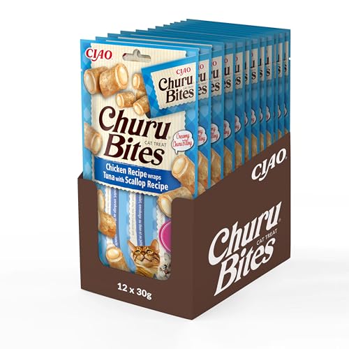 INABA Churu Bites Katzenleckerlis 88% Feuchtigkeit Gesunde Snacks, Natürliche Zutaten mit Huhn, Thunfisch & Jakobsmuschel 30 g (12er Pack), Katzensnacks in Premium Qualität von INABA