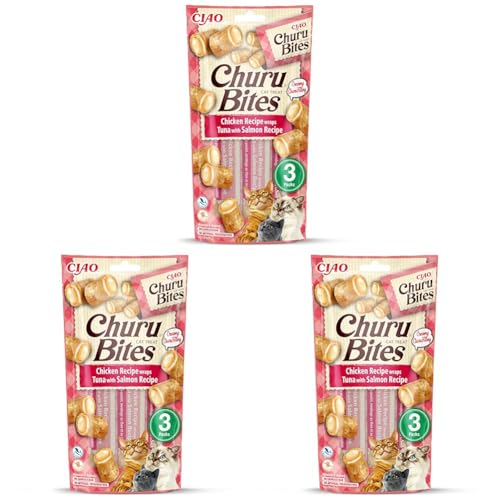 INABA Churu Bites - Katzensnacks in Knuspertaschen mit Cremiger Füllung - Leckerchen in Portionen aus Thunfisch & Lachs, 3 Tuben x10g (Packung mit 3) von INABA