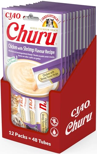 INABA Churu Puree Katzenleckerlis Creamy Snacks, Hochwertige Proteine mit Huhn & Garnelen 56 g (12er Pack), Katzensnacks in Premium Qualität von INABA