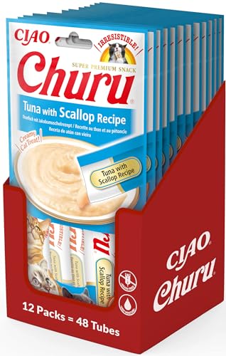 INABA Churu Puree Katzenleckerlis Creamy Snacks, Hochwertige Proteine mit Thunfisch & Jakobsmuschel 56 g (12er Pack), Katzensnacks in Premium Qualität von INABA