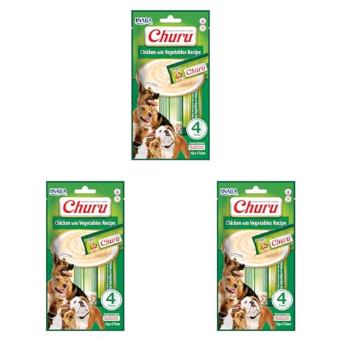 INABA Churu Püree, Leckerlis für Hunde zum Füttern aus der Hand, Köstlicher Hunde-Snack zum Schlecken, Leckerchen in handlichen Portionen Huhn mit Gemüse, 1 Pack 4x14g (Packung mit 3) von INABA