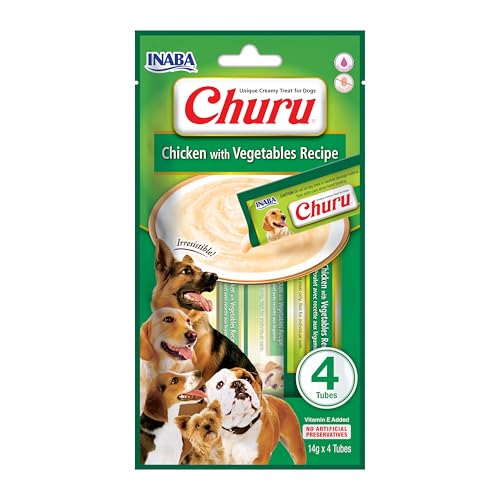 INABA Churu Püree, Leckerlis für Hunde zum Füttern aus der Hand, Köstlicher Hunde-Snack zum Schlecken, Leckerchen in handlichen Portionen Huhn mit Gemüse, 1 Pack 4x14g von INABA