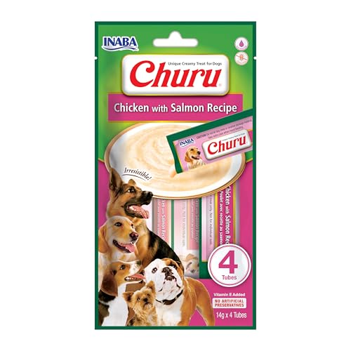 INABA Churu Püree, Leckerlis für Hunde zum Füttern aus der Hand, Köstlicher Hunde-Snack zum Schlecken, Leckerchen in handlichen Portionen Huhn mit Käse, 1 Pack 4x14g Hundeleckerli von INABA