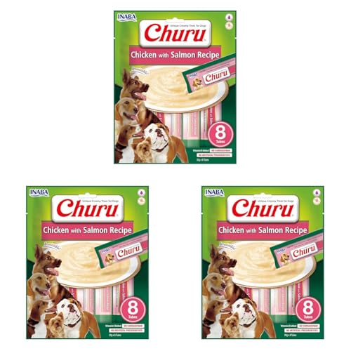 INABA Churu Püree Hundeleckerli - Köstlicher Hundesnacks in handlichen Portionen, Getreidefrei, Huhn & Lachs (8 Tuben) (Packung mit 3) von INABA